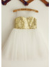 Gold Sequin Tulle Knee Length Flower Girl Dress